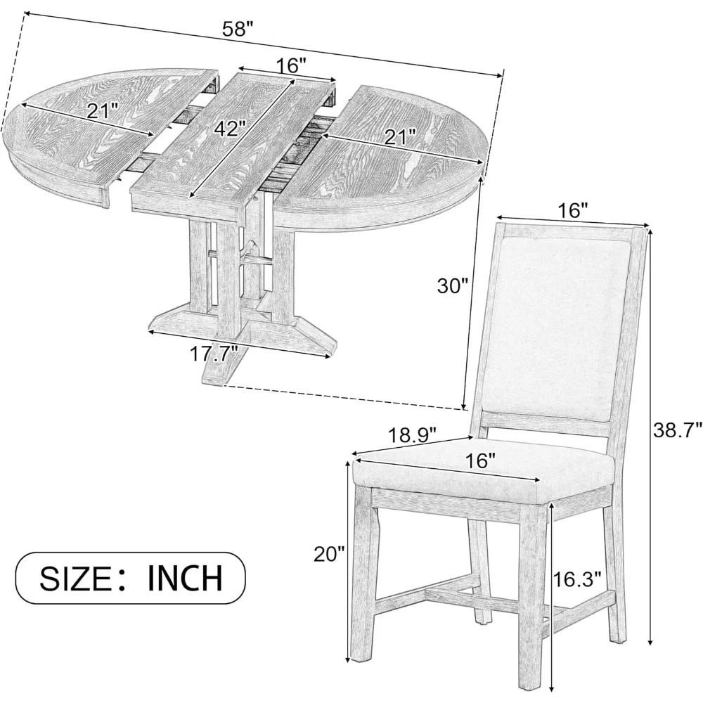 5-Piece Dining Sets, Farmhouse Kitchen Table Set-Extendable Round Table and 4 Upholstered Chairs for Kitchen, Living Room