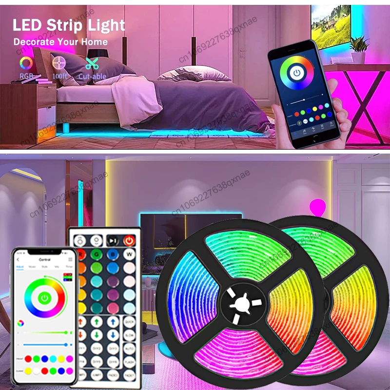 100FT/30M Strip Lights, 5050 SMD Music Sync LED Lights Strip, Smart RGB 16  Million Color Changing LED Lights with 44-Key Remote, Bluetooth APP Control  & Mic for Bedroom Room Party TV DIY(2