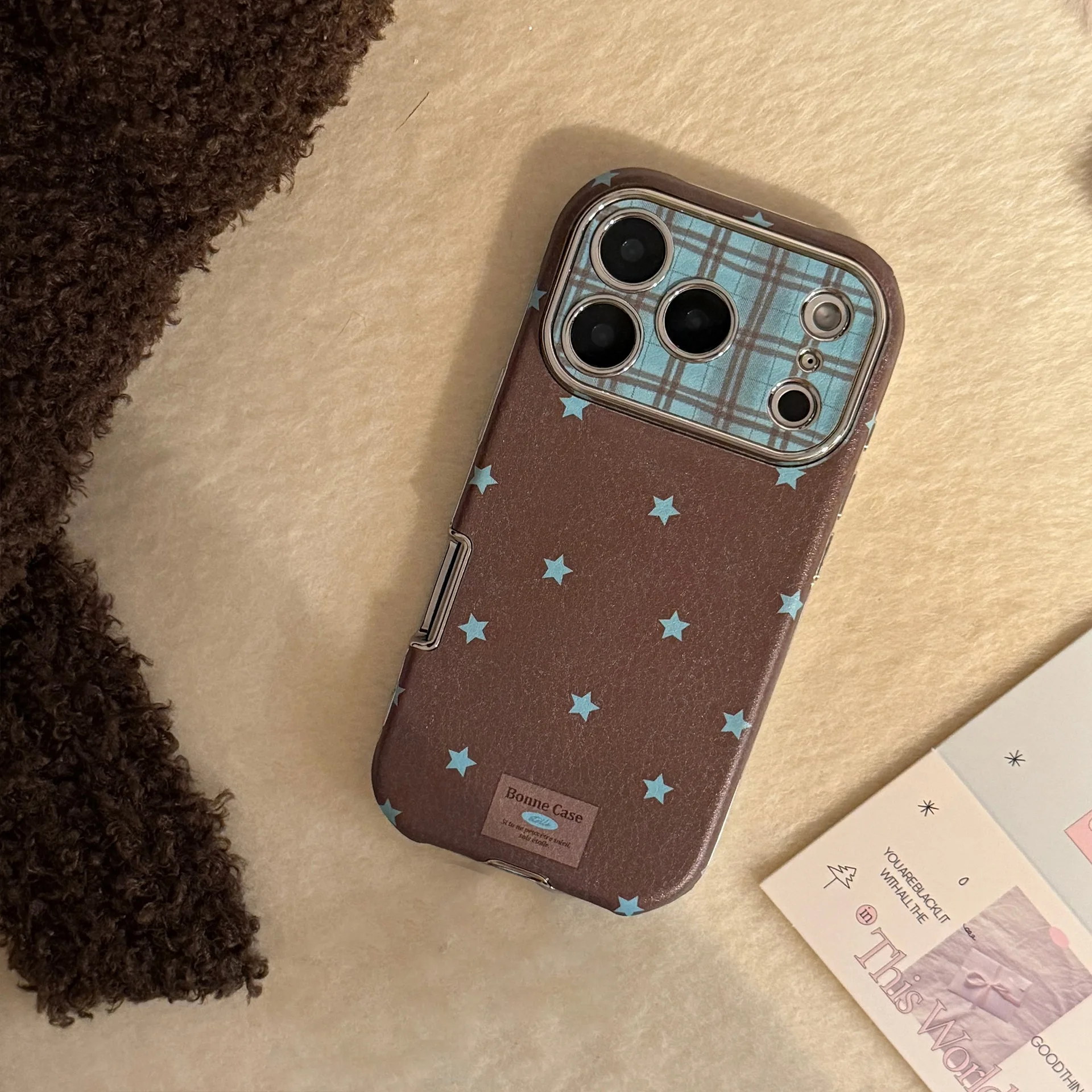 Retro Grid Pattern Stars Leather Phone Case with Pendant - Shockproof Cover