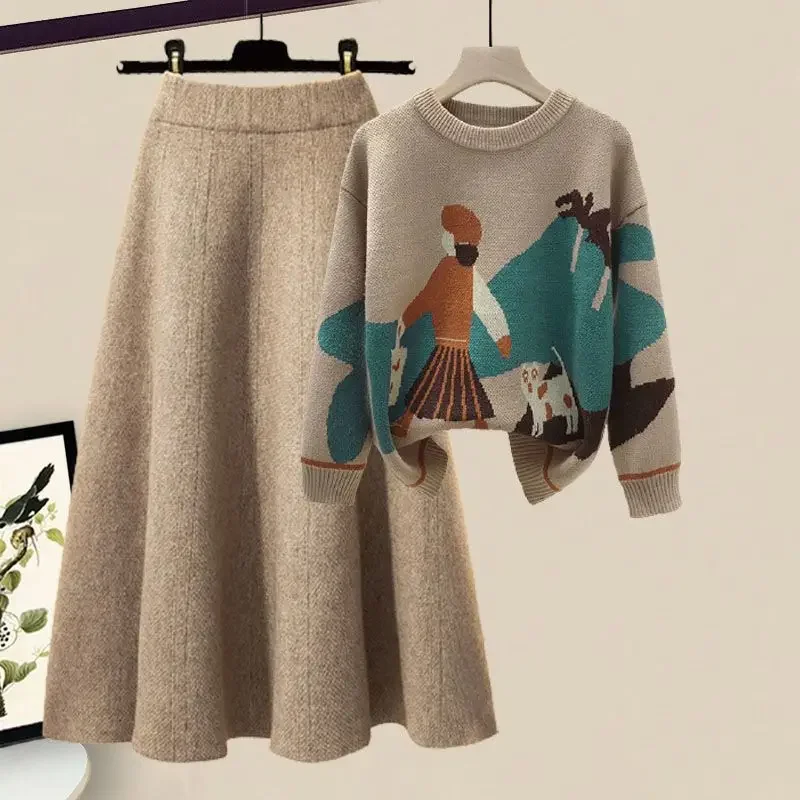 

Autumn and Winter Set Women's 2024 New Lazy Style Wear Fashion Knitted Sweater Women's Slim Half Skirt Two Piece Set