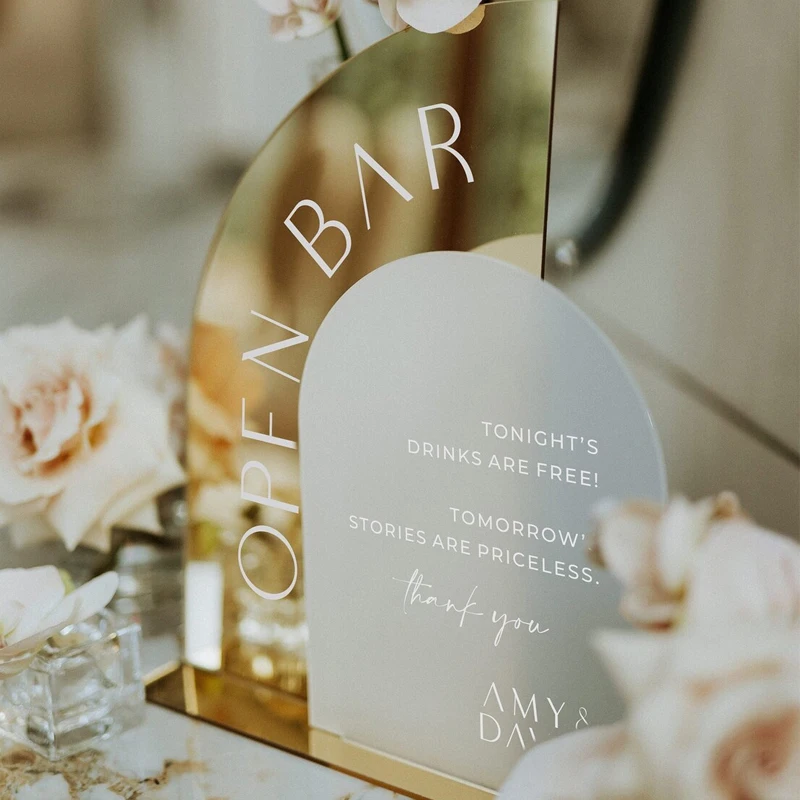 Frosted Arched Gold Mirror Acrylic Bar Sign,Wedding Open Bar Sign,Wedding Table Decoration,Welcome Sign with bases,Gold Mirror