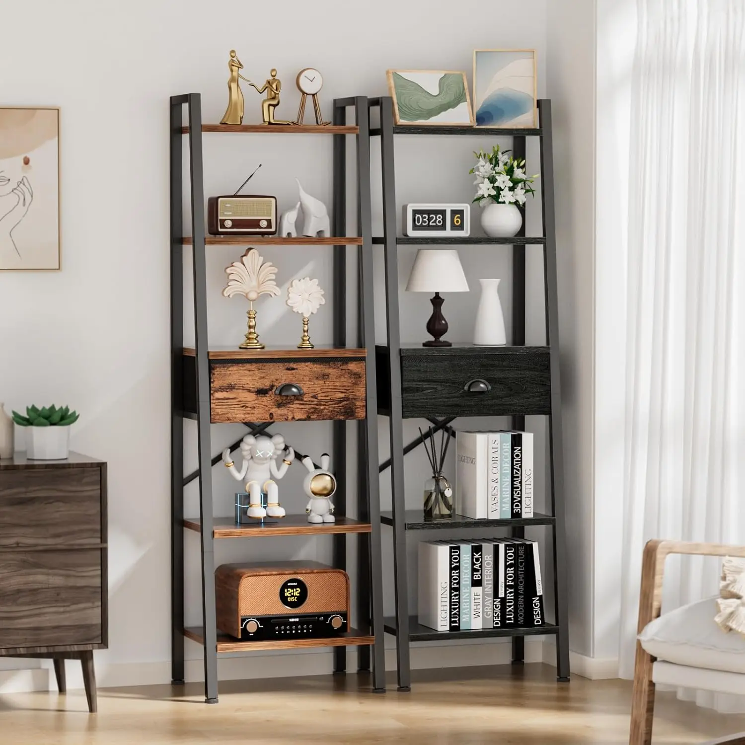 5 Tier Bookshelf. Ladder Shelf with Drawer. Tall Narrow Bookcase. Industrial Style. Black Oak.