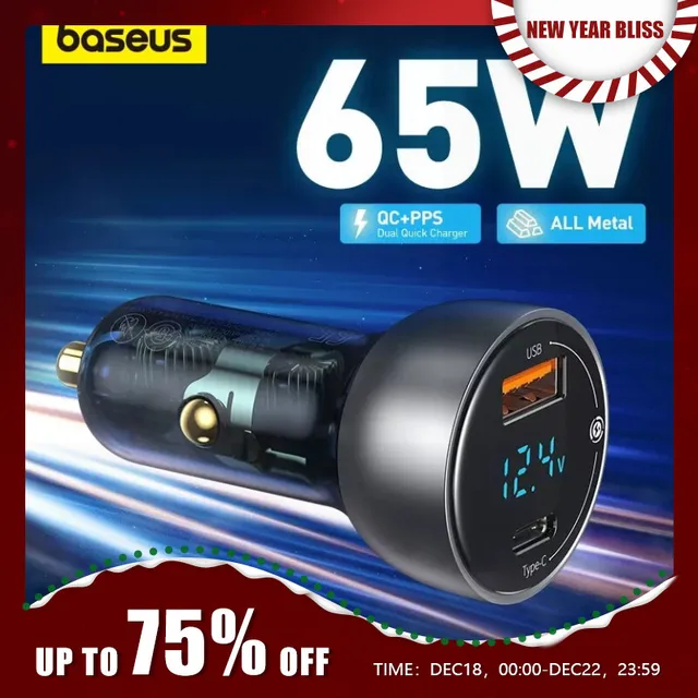Baseus PPS 차량용 충전기, USB C타입 듀얼 포트 PD QC 고속 충전, 노트북용 반투명 차량용 휴대폰 충전기, 아이폰용 65W