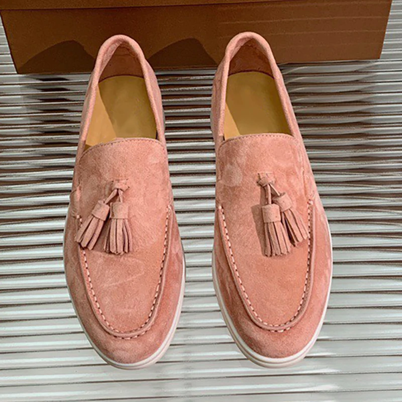 

Spring Autumn Fashion Pink Color Casual Loafers Men And Women Solid Color Round Toe Tassel Shallow Mouth Flat Bottom Shoes