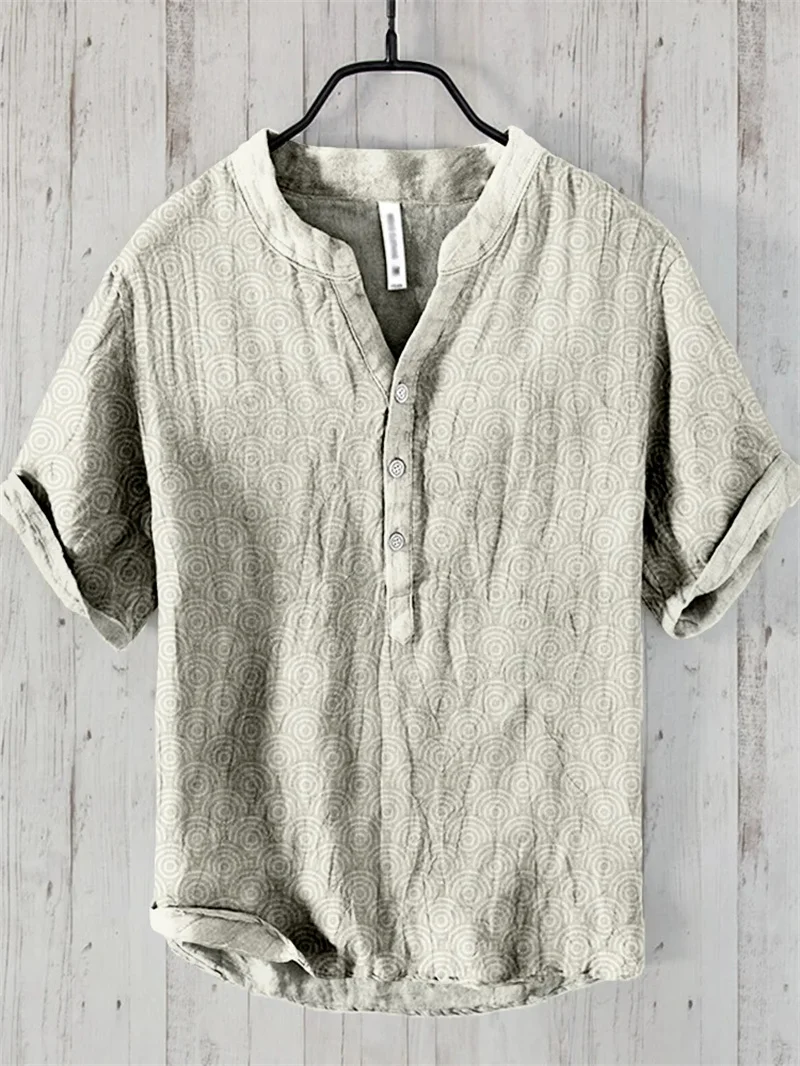 New Hawaiian men's linen shirt V-neck short sleeved shirt 3D digital printed casual loose men's shirt 3