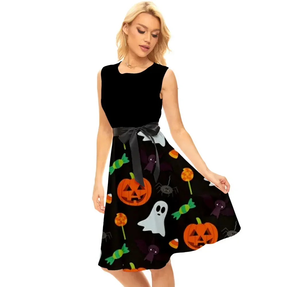 

Women's Skirts Halloween Print Sling Type High Waist Princess Skirt Temperament Sleeveless Dress Fashion Women Costume Dresses