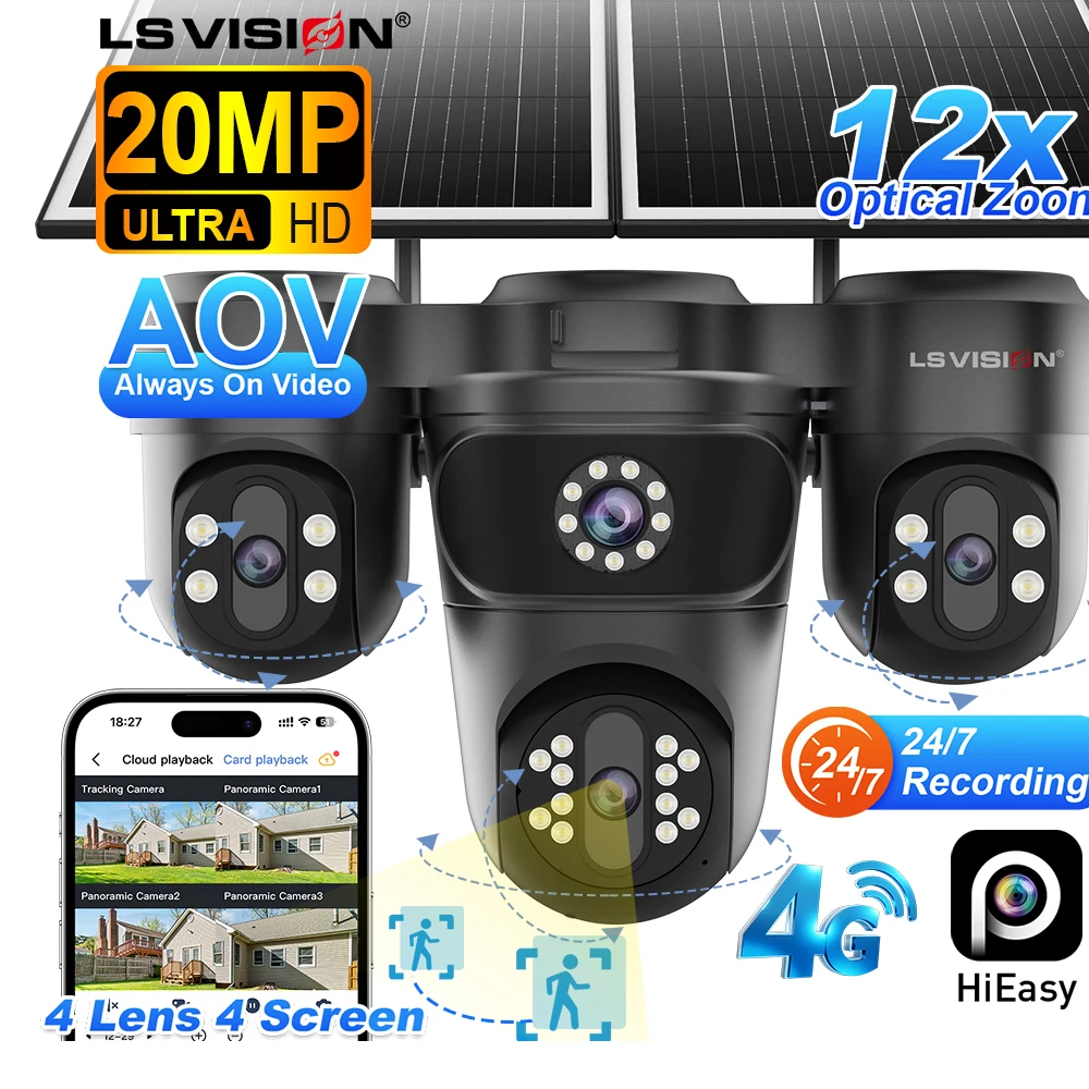 LS VISION 20MP Three PTZ Four Screens 4G AOV Solar Camera 12X Optical Zoom 24/7 Video Recording Auto Zoom Tracking CCTV Cameras 1