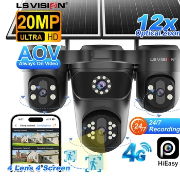 LS VISION 20MP Three PTZ Four Screens 4G AOV Solar Camera 12X Optical Zoom 24/7 Video Recording Auto Zoom Tracking CCTV Cameras 1