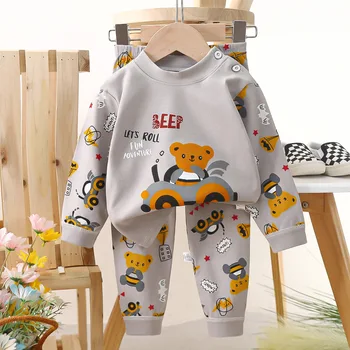 Pigiama cartone animato Set Toddler Boys Trendy Cute Print girocollo top pantaloni bambini intimo in puro cotone due pezzi autunno inverno Wear 1