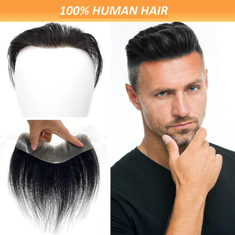 Men V Loop Front Toupee 100% Human Hair Male Replacement System PU Hairpiece