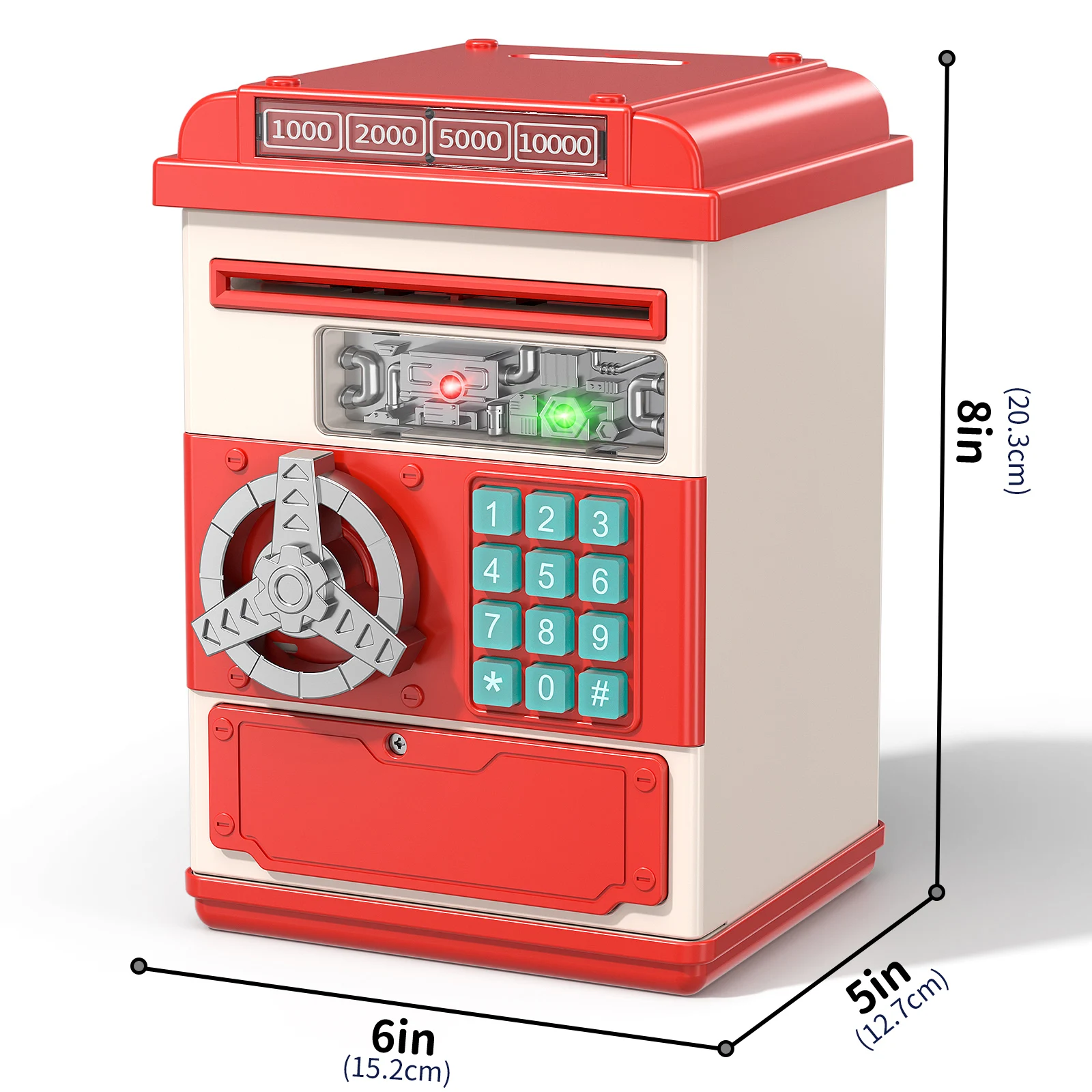 TEMI Toy Saving Bank. Electronic, Password-Protected. Auto-Scroll For Paper Money. Ldeal Gift For Kids 3+ (Red). 2