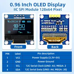 Modulo di visualizzazione OLED da 0,96 pollici con schermo luminoso 128x64 pixel I2C SSD1306