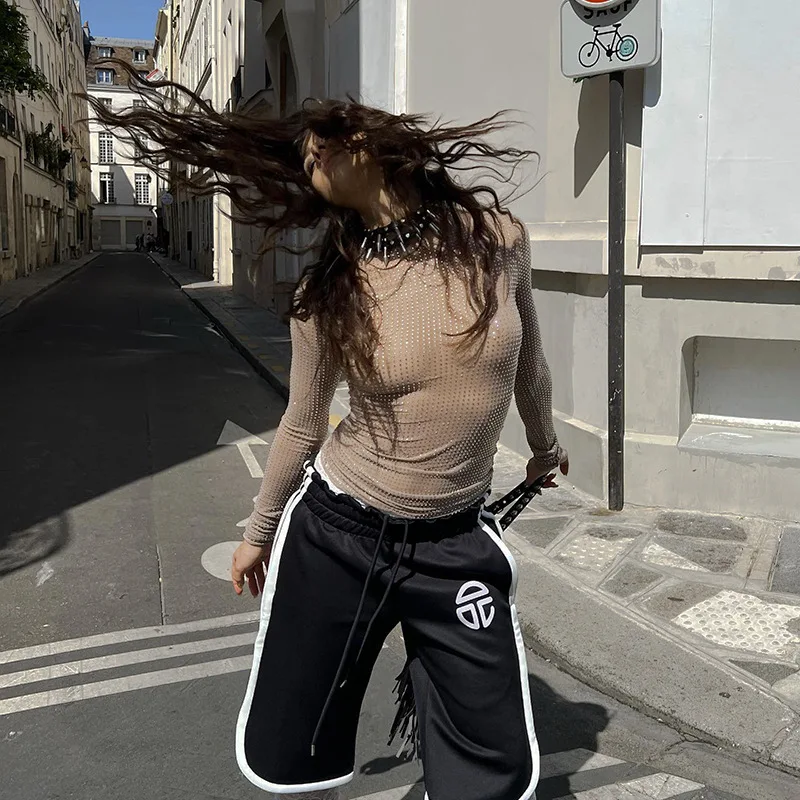 Glitter Sexy See-Through T-shirt Female Hollow Out Patchwork Long Sleeve Solid Sequin Pullover Top Women Sparkle Slim Tee