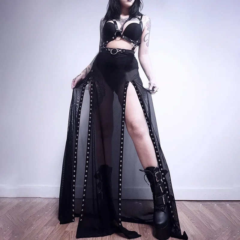 Goth Midi Skirts Punk Mall Gothic Mesh High Split Grunge Sexy High Waist Black Women Night Long Skirt See Through Partywear women s mesh patchwork sheer bodycon jumpsuit autumn off shoulder long sleeve high waist sexy night club rompers partywear