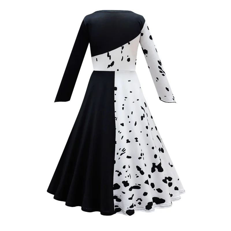 Cosplay Costume Halloween Child Cruella Masquerade Party Girls Black White Long Dress with Cape Carnival Wig Lace Mask