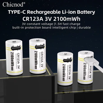 Batteria ricaricabile CHICNOD CR123A 2100 mWh 3 V batterie agli ioni di litio con cavo di ricarica di tipo C CR123 CR17345 123A per fotocamera digitale