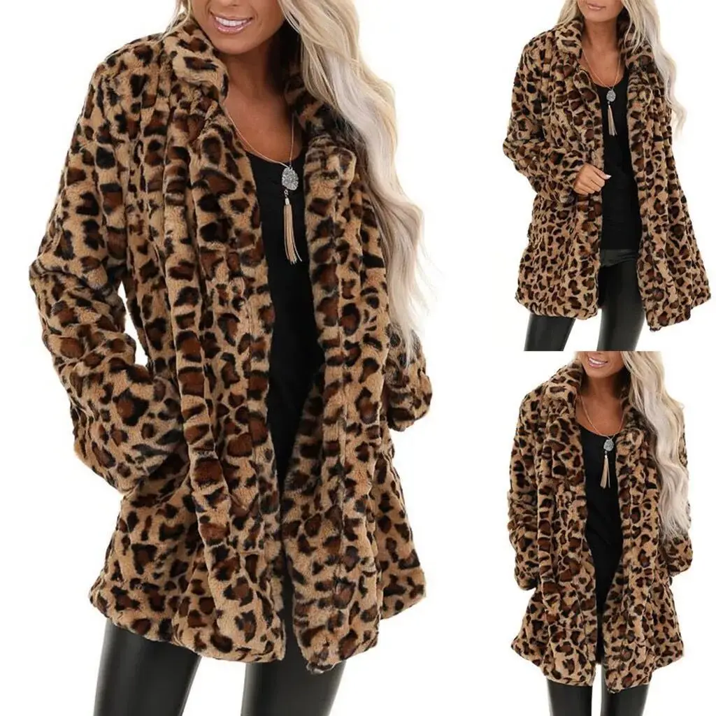 Faux Fur Coat for Women, Leopard Print, Mid-Length, Loose, Leisure, All-Matching, Winter Clothing, Fashionable Temperament, New