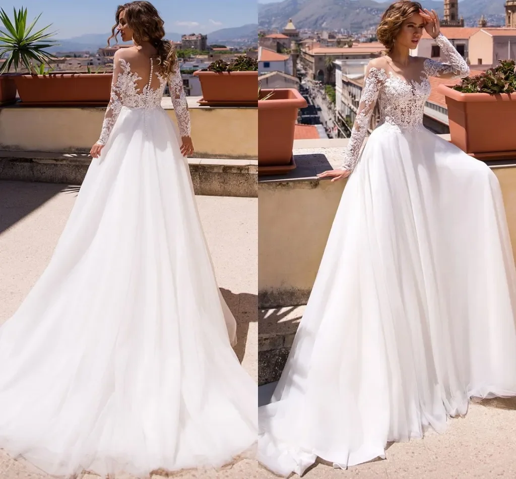 

Bohemian Long Sleeves Wedding Dresses 2024 A Line Illusion Lace Applique Scoop Neck Bride Bridal Gowns Tulle Vestido De Noiva