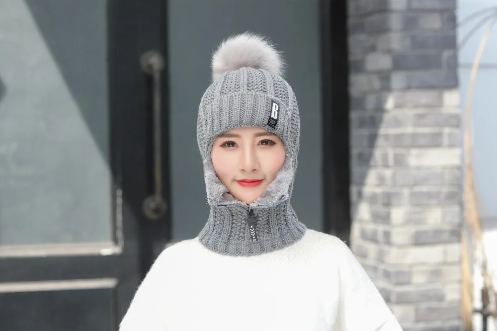 Lässige, winddichte Strickmütze aus Wolle, Nackenwärmer, verdickter Gehörschutz, warm halten, Bommelmütze für Damen – Detail 7