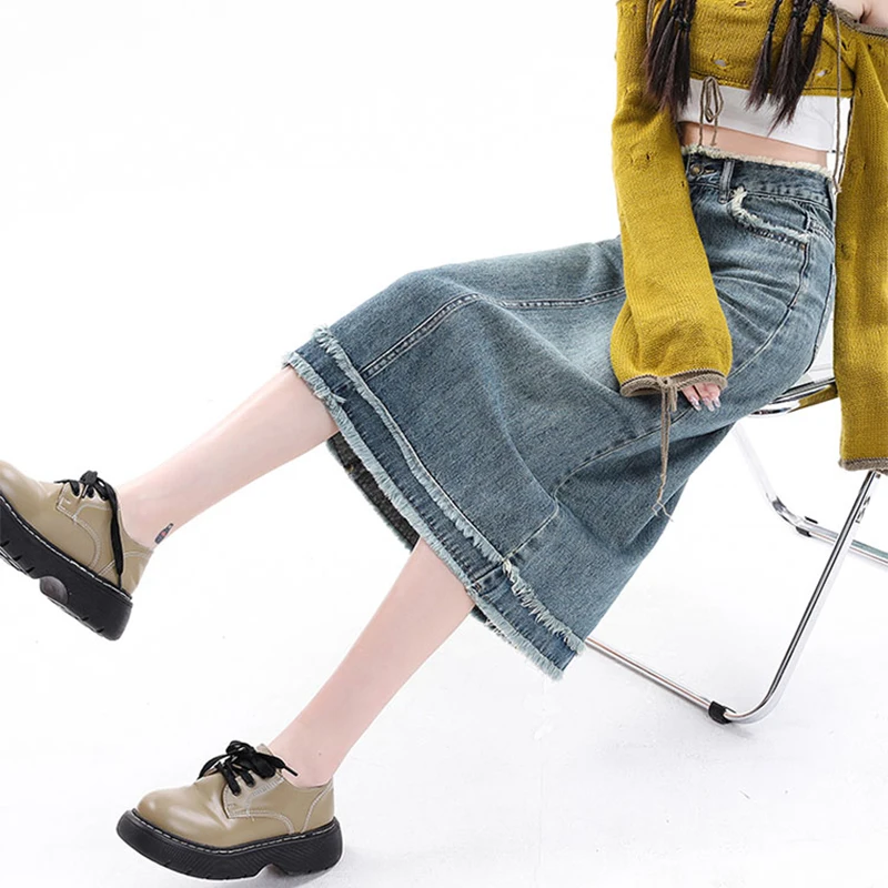 Denim skirt women's summer commute retro blue fur edge high waist slim A-line mid length skirt