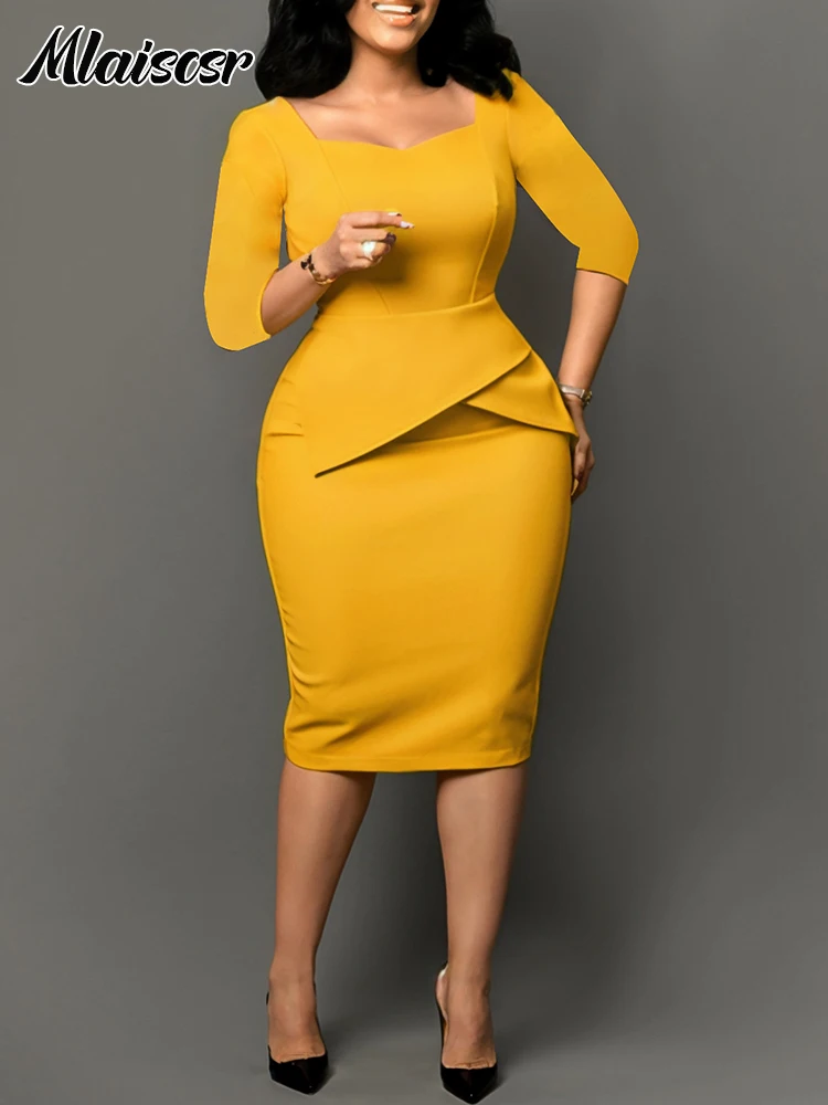 Mlaiscsr Elegante colletto quadrato Manica a tre quarti Peplo Copertura della pancia Aderente Abito medio Pecil Donna Africano Autunno Ufficio Vestido 2