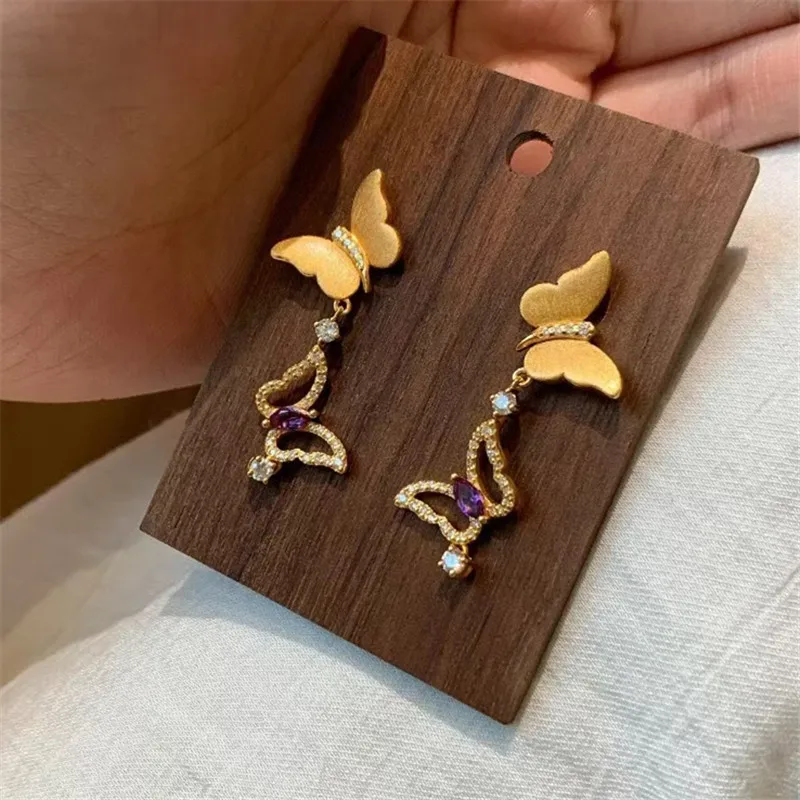 مجموعة مجوهرات وأقراط على شكل فراشة من الزركون الأرجواني المعدني القديم للنساء، إكسسوار حفلات يومي فريد من نوعه