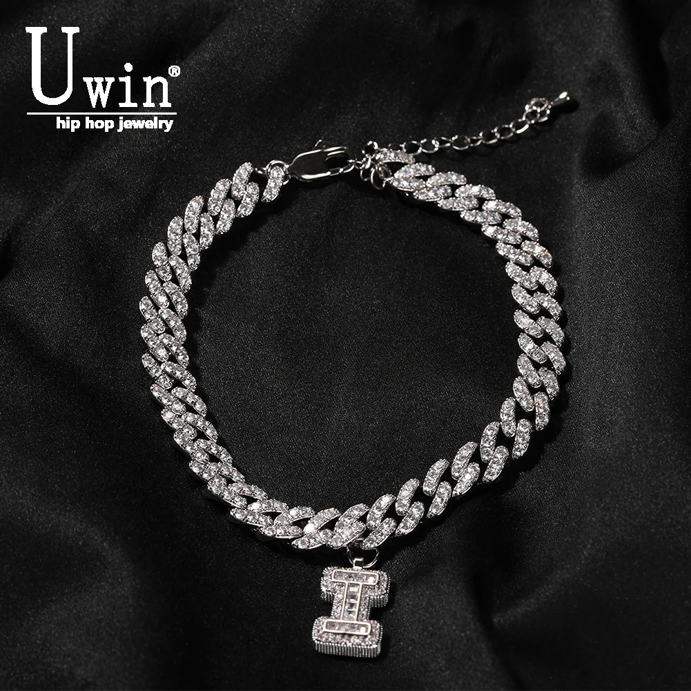 

Uwin Custom Baguette Letters Necklace With 9mm Iced Out Cuban Link Anklet Plus 2 inch Extension Chain Fashion Charm Jewelry Gift