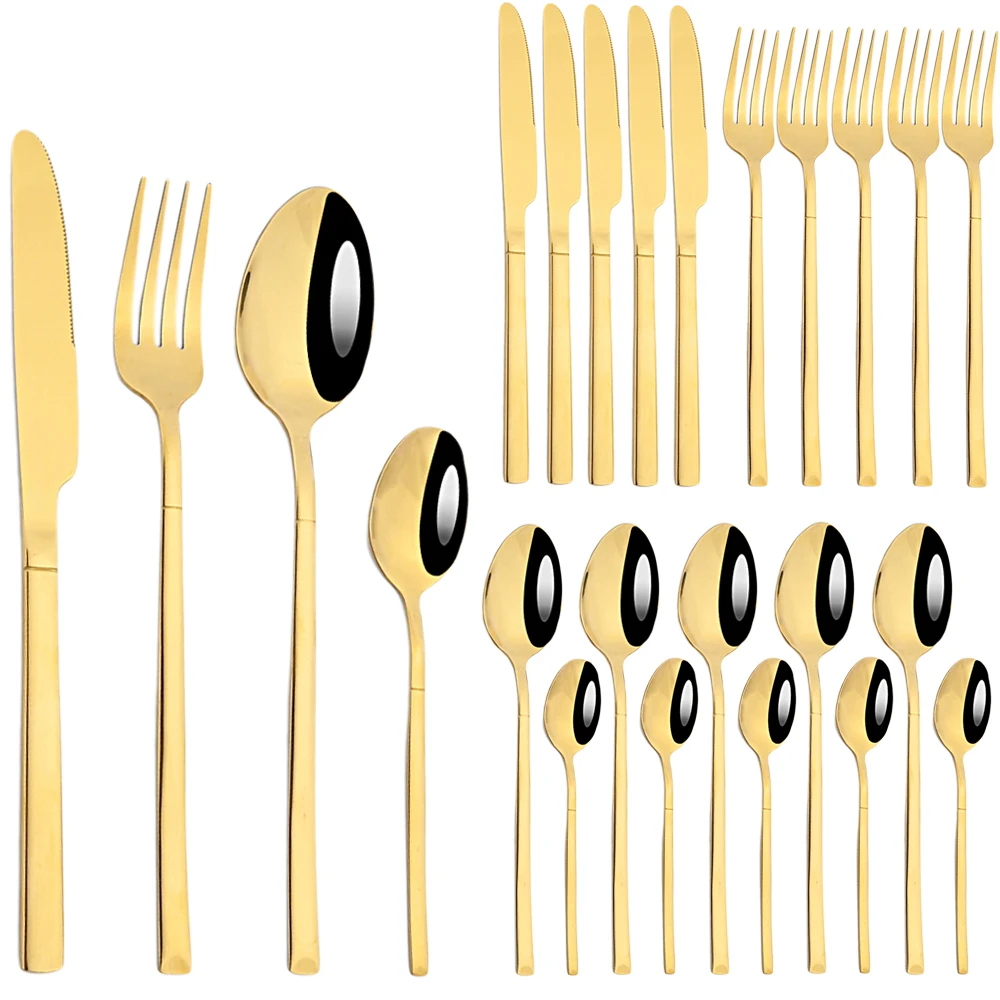 

Zoseil 24Pcs Cutlery Set Stainless Steel Knife Fork Tea Spoon Gold Dinnerware Set Dinner Tableware Western Home Kitchen Flatware