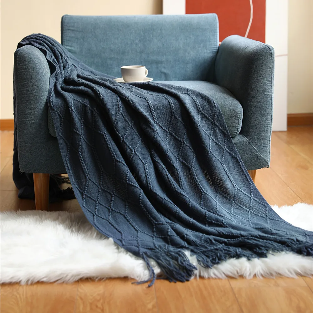 Boho Blue Knitted Throw Blanket with Tassels – Cozy Farmhouse Decor and Gift