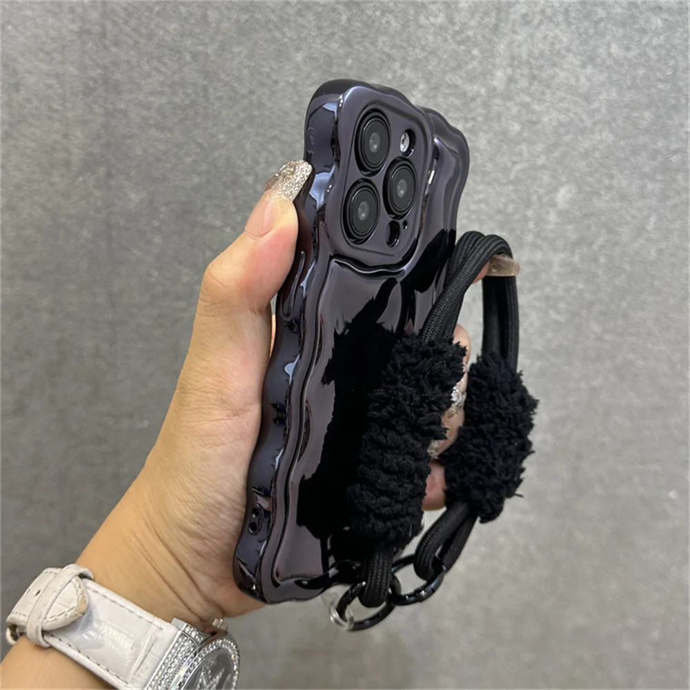 Luxury Curly Wave Semi-Plush Phone Case with Lanyard and Wrist Strap