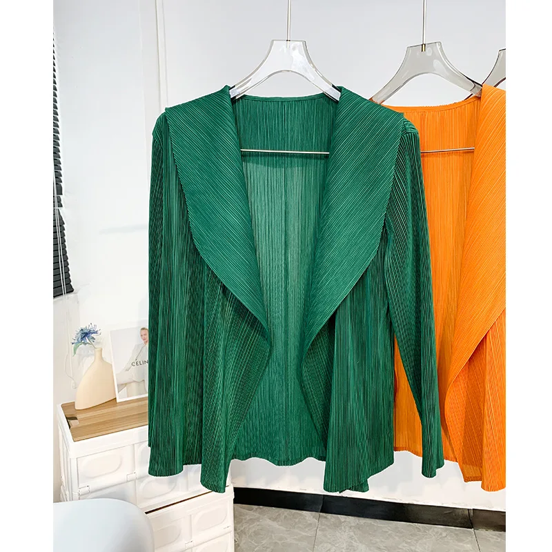 Miyake Pleated Short Jacket 2025 Spring Summer Women's Casual Tops Flap Collar Loose Shopping Peplum Cardigan Tunic Tops