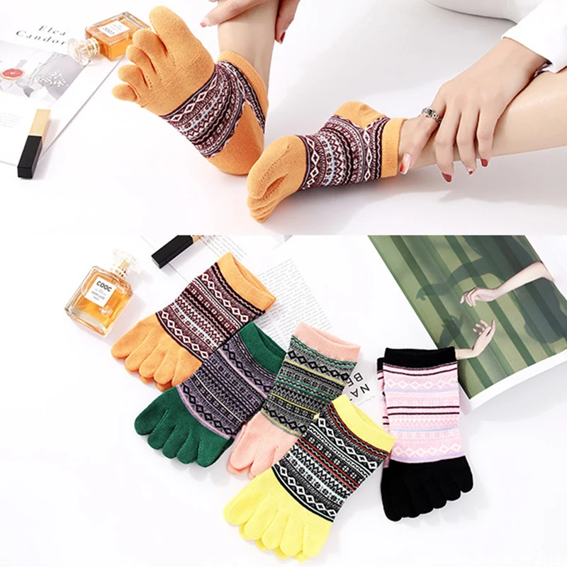 5 Pairs Bohemian Style Ankle Socks with Toes Woman Girls Short Harajuku Cotton Sock Colorful Invisible 5 Finger Socks Fashions