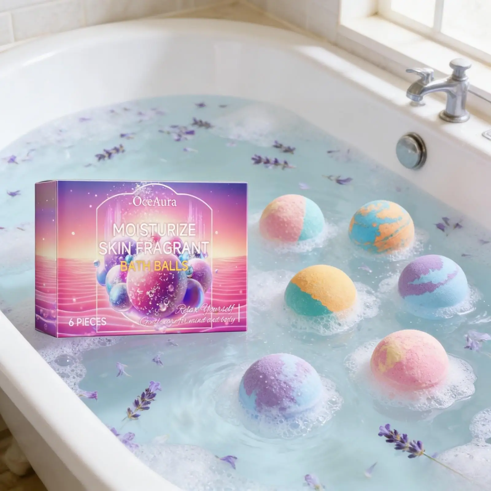 OceAura Palline Effervescenti da Bagno per Donne, Morbide e Lisce, Cura del Corpo, Idratanti, Migliorano l'Elasticità della Pelle, Set Regalo per la Doccia 6 Pezzi - immagine 3