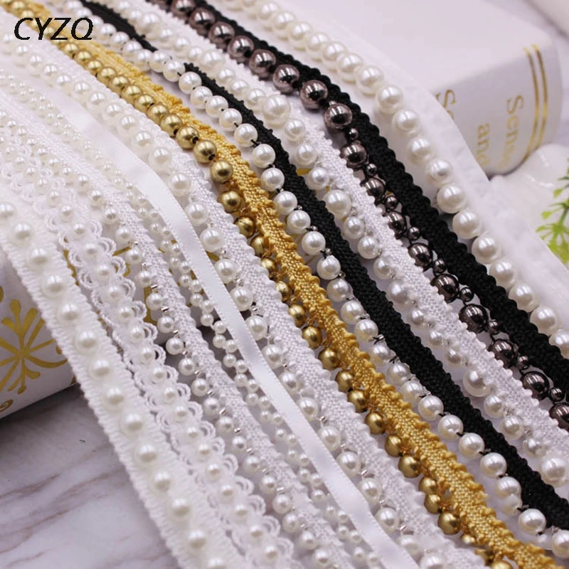 1yard 10mm white/black/gold Pearl Beaded Embroidered Lace Trim Ribbon Fabric Handmade DIY Sewing Supplies Craft Decoration