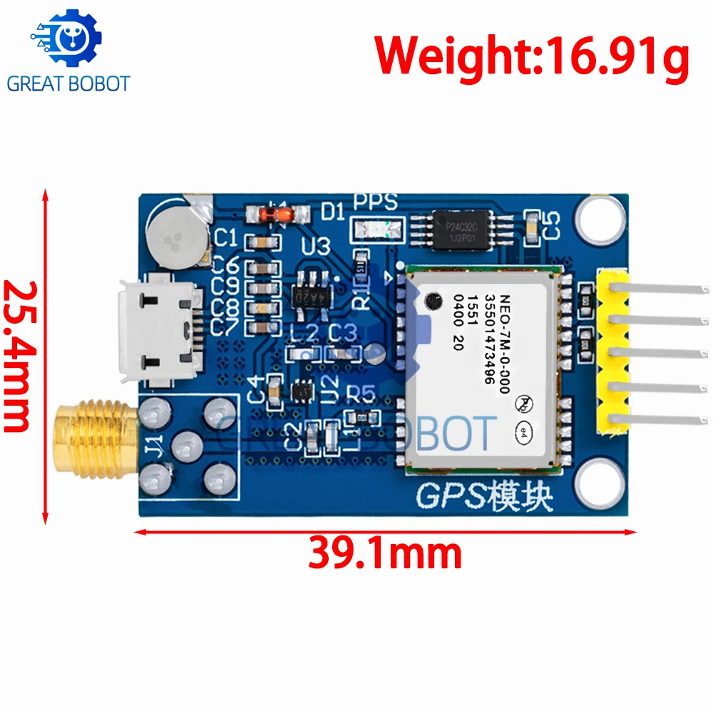 Détail du connecteur USB et des broches du module GPS Ublox NEO-6M/7M/8M/9M