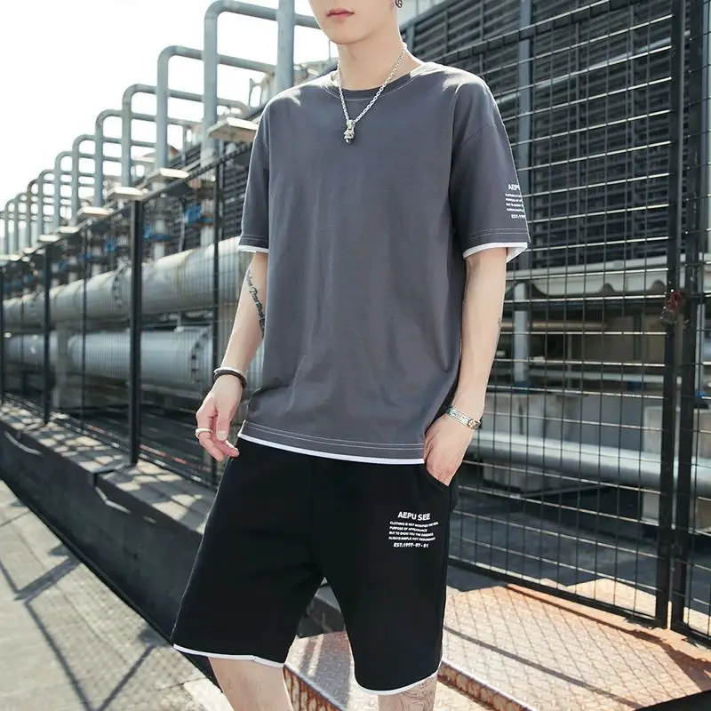 

Shorts Sets for Men Casual Tracksuit Stylish Clothes Korean Style Top Elastic Xl Loose Sports Suits Outdoor Graphic Male T Shirt