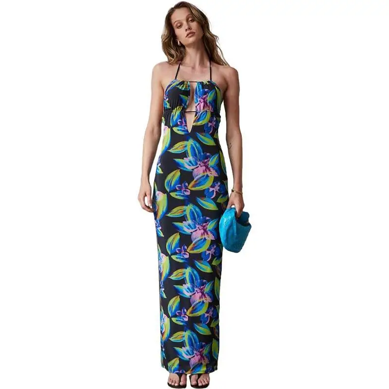 

European And American Style 2023 Summer New Women's Wear Strap Hanging Neck Sexy Open Back One Line Neck Printed Dress