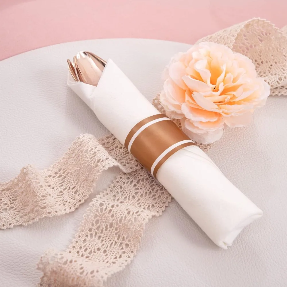 NOCCUR 350pcs Rose Gold Plates-Disposable Pre Rolled Napkin and Rose Gold Plastic Silverware-Clear Rim Plastic