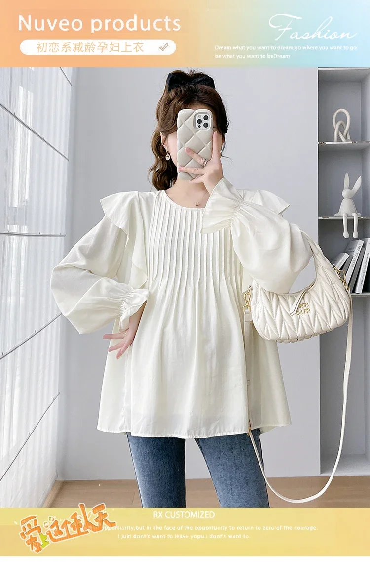 Spring Summer Long Sleeve Blouses for Maternity Sweet Ruffle A Line Tunic 24SS Y2k Pregnancy Tops