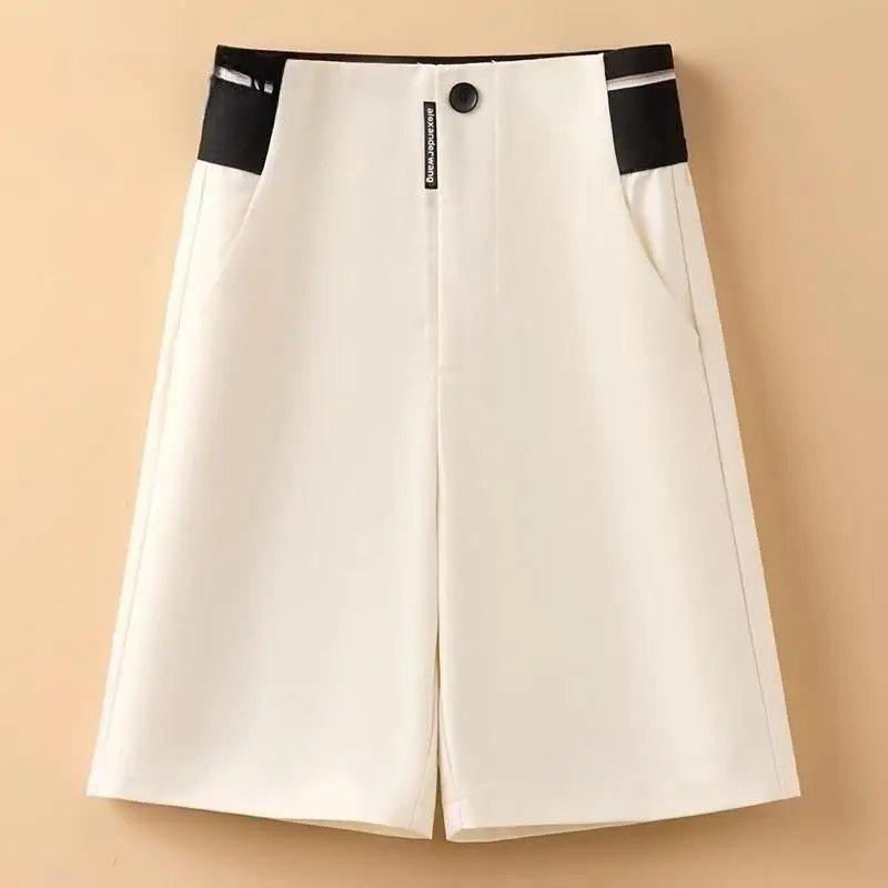 Female Korean Solid Color Spliced Casual Knee Pants Female Summer Fashion All-match High Waist Straight Pants Women's Clothing