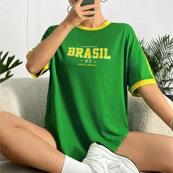 Europe and the United States loose letters yellow green top Y2K women's summer T-shirt sexy clothing street