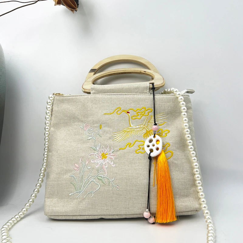 Ancient Chinese Style Hanfu Shoulder Bag Embroidered Crossbody Bag Cheongsam Pearl Handbag Satchel Retro Costume Accessories