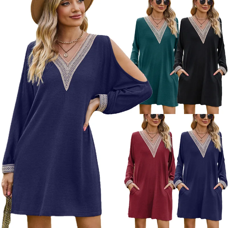 

2023 Autumn/Winter New Dress V-neck Lace Off Shoulder Skirt