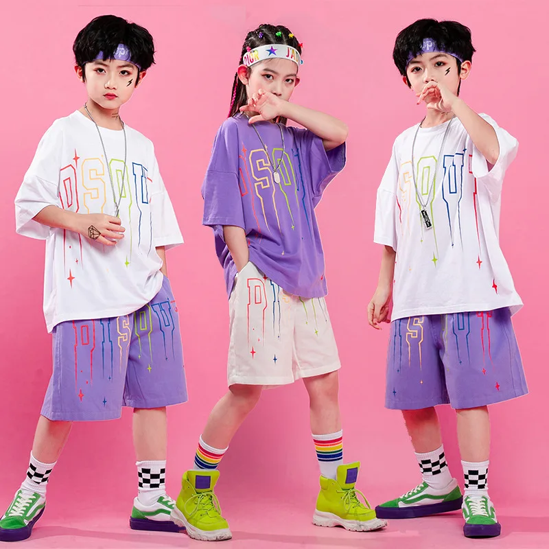 

Summer Kids Hip Hop Outfits Street Dance Clothing Fashion Printed T-shirt Shorts 2pcs Set Boys Girls Jazz Costumes Streetwear