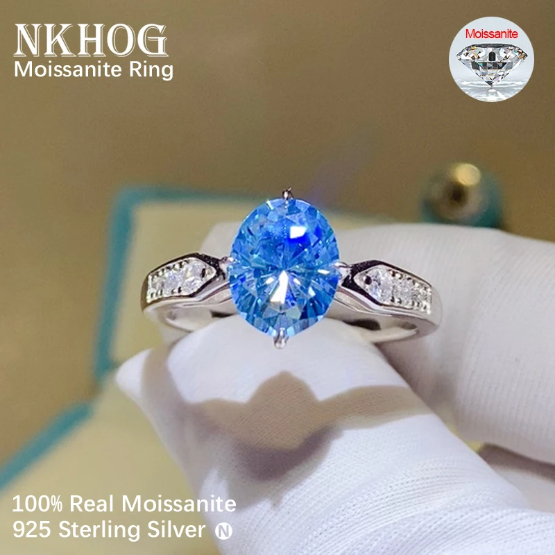 

NKHOG 2ct Oval Blue Moissanite Ring Women S925 Silver 18K Gold Plated Sapphire Wedding Band Rings Fine Jewelry Gifts Certificate