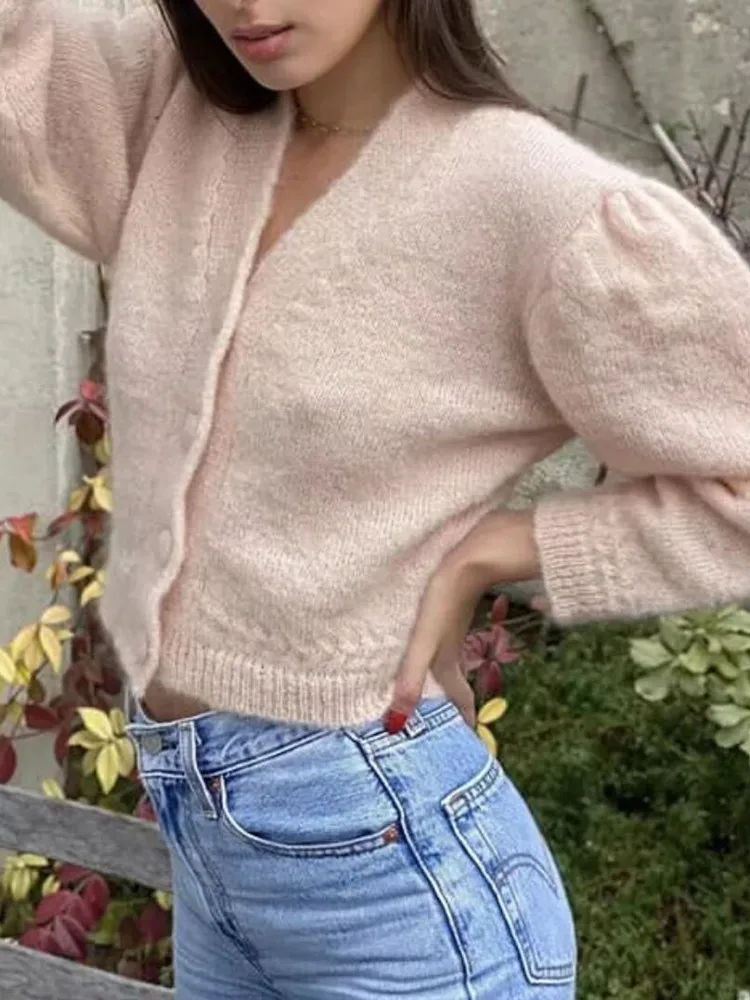 Retro Pink Center buttons Knitted Women Cardigan Gray Vintage French Puff Sleeve Cropped Sweaters Casual Jumper Knit