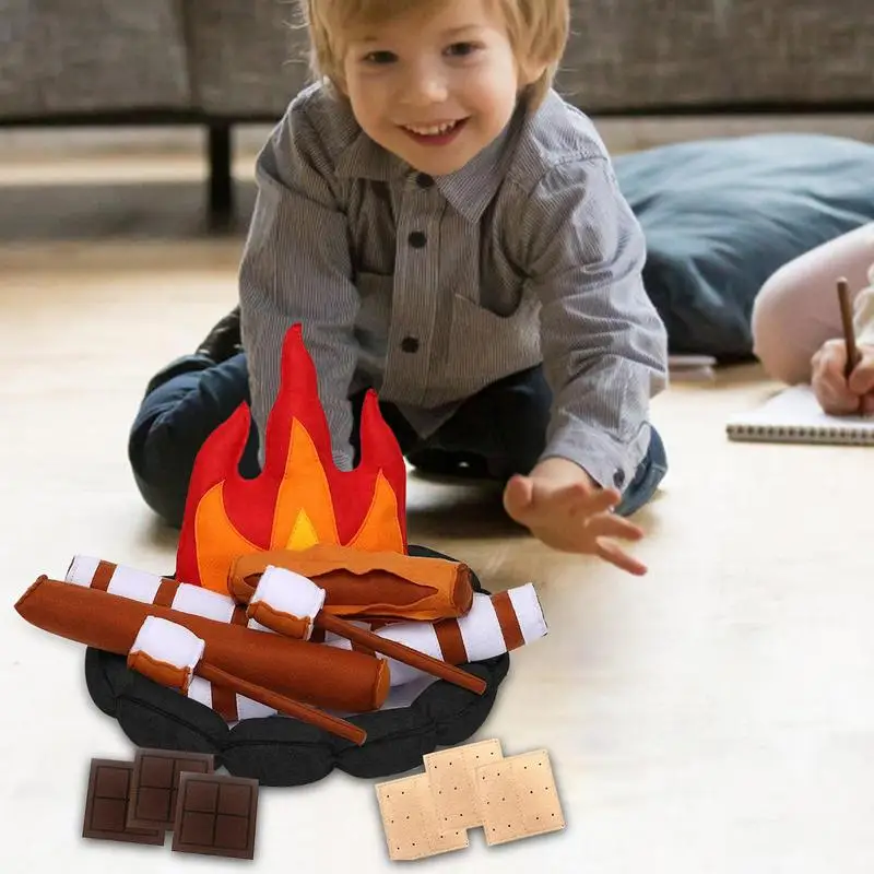 Play Campfire Sets For Kids 15pcs Pretend Play Camping Toy Kids Plush Felt Play Campfire Playset Safe Fake Fire Wood Stones Toys 3