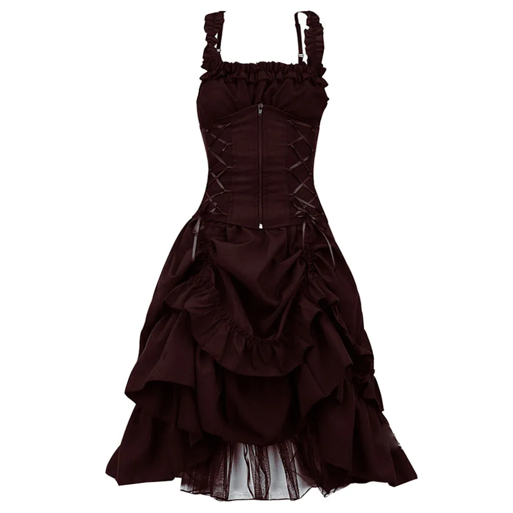 

Women's Gothic Halloween Dress Slim Irregular Straps Corset Lace Black Dresses Steampunk Gothic Prom Evening Cosplay Costume