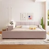 Upholstered Grounded Bed Platform Bed,with Bedside Desk and Little Round Stool Wooden Queen Size Mother & Child Bed Frame 1