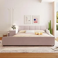 Upholstered Grounded Bed Platform Bed,with Bedside Desk and Little Round Stool Wooden Queen Size Mother & Child Bed Frame 1